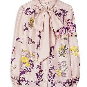 Tory Burch Mushroom Party Tie Neck Silk Blouse, size 0